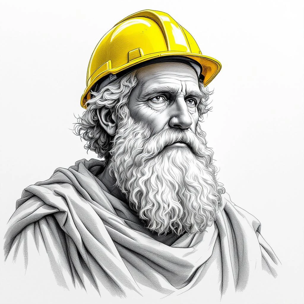 Plato wearing a hardhat